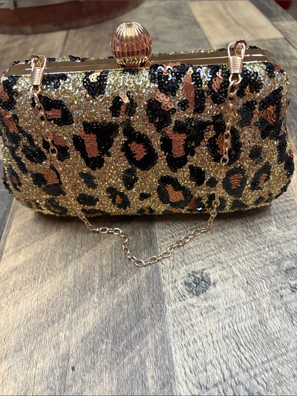 Sequined Leopard Print Clutch Bag - Gold/Brown